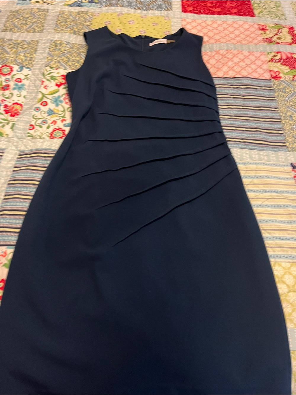 Calvin Klein Navy Sleeveless Sheath Dress with Diagonal Pleats